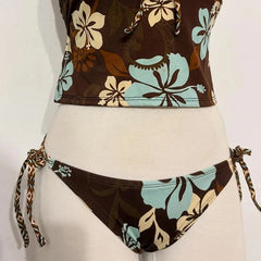 Brow Flower Pattern Tie Up Bikini Set