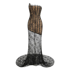 Black Lace Strapless Lace Sheer Detachable Hem Maxi Dress