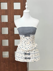 Printed Plaid Patchwork Corset Top And Mini Skirt Set