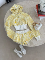 Camouflage Zipper Crop Hoodie, Tube Top, And Shorts, Sweatpants Set