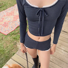 Striped Long Sleeve Square Neck Crop Top And Lace Trim Shorts Lounge Set