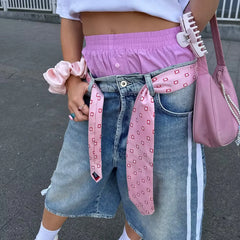 Trendy Loose Fit Denim Capri Shorts - White Side Stripes