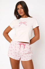 Bow Print Short Sleeve T-Shirt and Elastic Shorts Pajamas Set