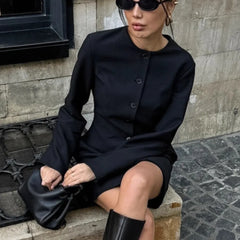 Black Round Neck Long Sleeve Button Up Blazer Mini Dress