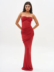Red Strapless Mesh Ruched Maxi Dress