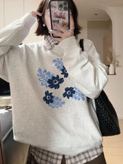 Grey Long Sleeve Blue Flower Print Sweatshirt