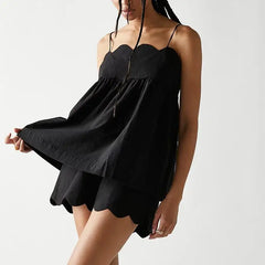 Scalloped Hem Babydoll Cami Tops And Wide Leg Shorts Set