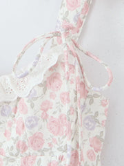 Pink Floral Tie Up Eyelet Trim Mini Dress