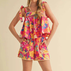 Floral Print Sleeveless Tie Up Tops with Shorts Sleepwear Set