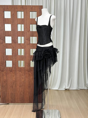 Fishbone Lace-Up Top And Mesh Asymmetrical Skirt Two-Piece Set