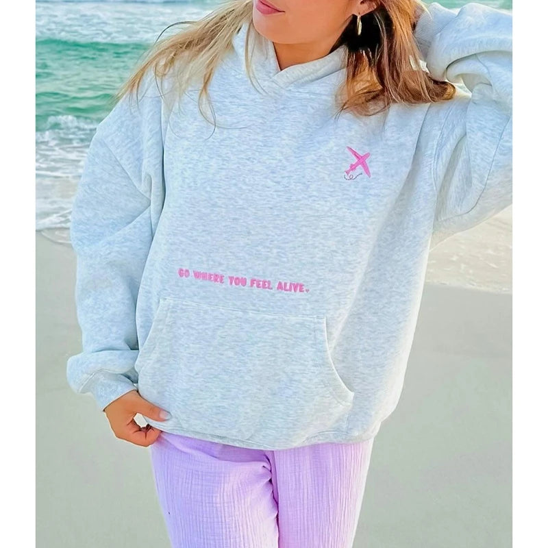 Women's grey flower letter embroidery hoodie with a loose fit and kangaroo pocket.