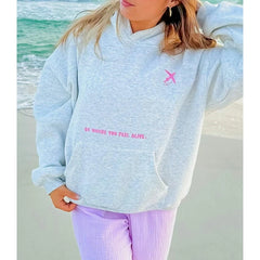 Women's grey flower letter embroidery hoodie with a loose fit and kangaroo pocket.