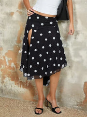 Black Polka Dot Printed Irregular Split Midi Skirt