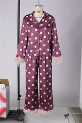 Polka Dot Satin Feather Cuff Shirt And Long Trousers Set