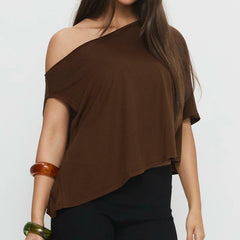 Solid Slant Collar One Shoulder Loose Top