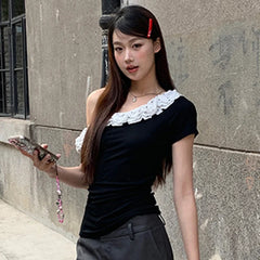 Black Frill Trim Sleeve Top