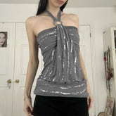 Grey Silver Foil Halter Top With Ring Detail