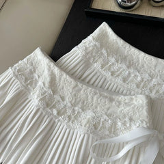 White Pleated Embroidered Bow Mini Skirt