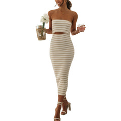 Strapless Striped Cutout Knitted Long Dress