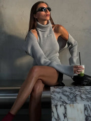Ribbed Knit Turtleneck Cutout Shoulder Vest Long-Sleeved Shawl 2-Piece Set Top