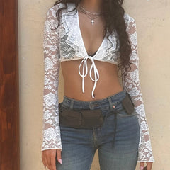 Sheer Lace Long Sleeve V‑Neck Ruffle Front Tie‑Up Crop Top