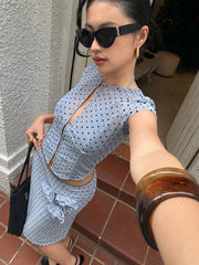 Blue Polka Dot Sheer Short Sleeve Top And Midi Skirt Set
