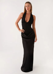 Halter Backless Tie Draped Waist Satin Maxi Dress