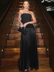 Black Strapless Satin Patchwork Maxi Dress