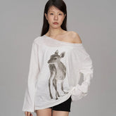 White Long Sleeve Fawm Print Top