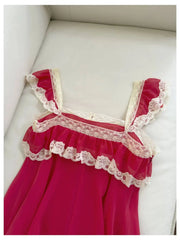 Red Lace Trim Square Neck Ruffle Chiffon Maxi Dress