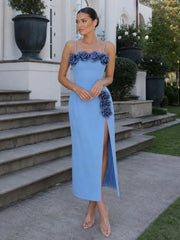 Spaghetti Strap 3d Flower Applique Slit Midi Dress