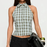 Gingham Sleeveless Lapel Neck Button Down Top