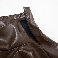 Brown PU Leather Ruffle High Waist A-line Skirt