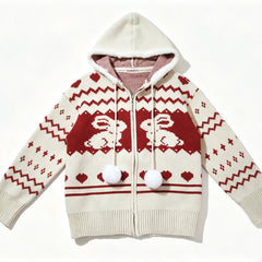 Beige Rabbit Hooded Long Sleeve Knitted Cardigan