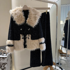 Black Fur Pulsh Flannel Shirt And Pants Pajama Set