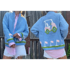 Blue Golf Car Long Sleeve Knitwear Cardigan with Pockets
