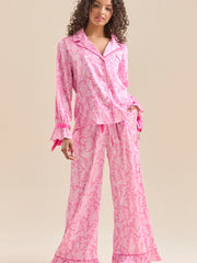 Satin Floral Print Long Sleeve Shirt with Long Pants Two Piece Sleepwear Set