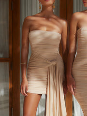 Strapless Ruched Waist Draped Mini Dress