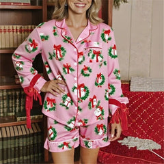 Christmas Print Button Up Long Sleeve Top and Shorts Pajamas Sets