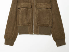 Brown Faux Suede Stand Collar Zip Up Bomber Jacket