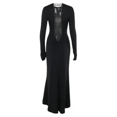 Black Long Sleeve Open Back Lace-up Maxi Dress