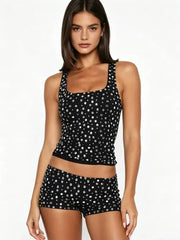 Black Rhinestone Embellished Tank Top And Low Waist Shorts Two Piece Set