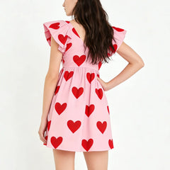 Heart Print Bow Short Sleeve Mini Dress