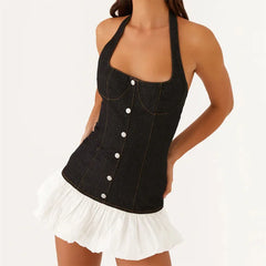 Black Denim Pleated Halter Mini Dress