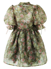 Green Floral Mesh Strapless A-line Mini Dress With Removable High Collar Bow Sleeves