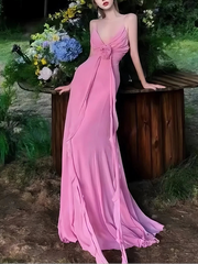 Pink Plunge V-neck 3D Flower Maxi Dress