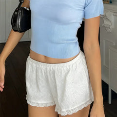 White Elastic Waist Eyelet Embroidery Ruffled Hem Shorts