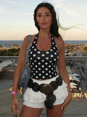 Black Polka Dot Print Backless Halter Top