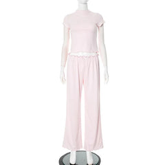 Pink Short Sleeve Top And Frill Trim Wide Pants Set