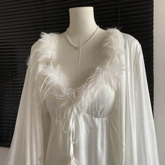 Feather Fur Trim Cami Nightdress And Bathrobe Gown Sleepwear Set